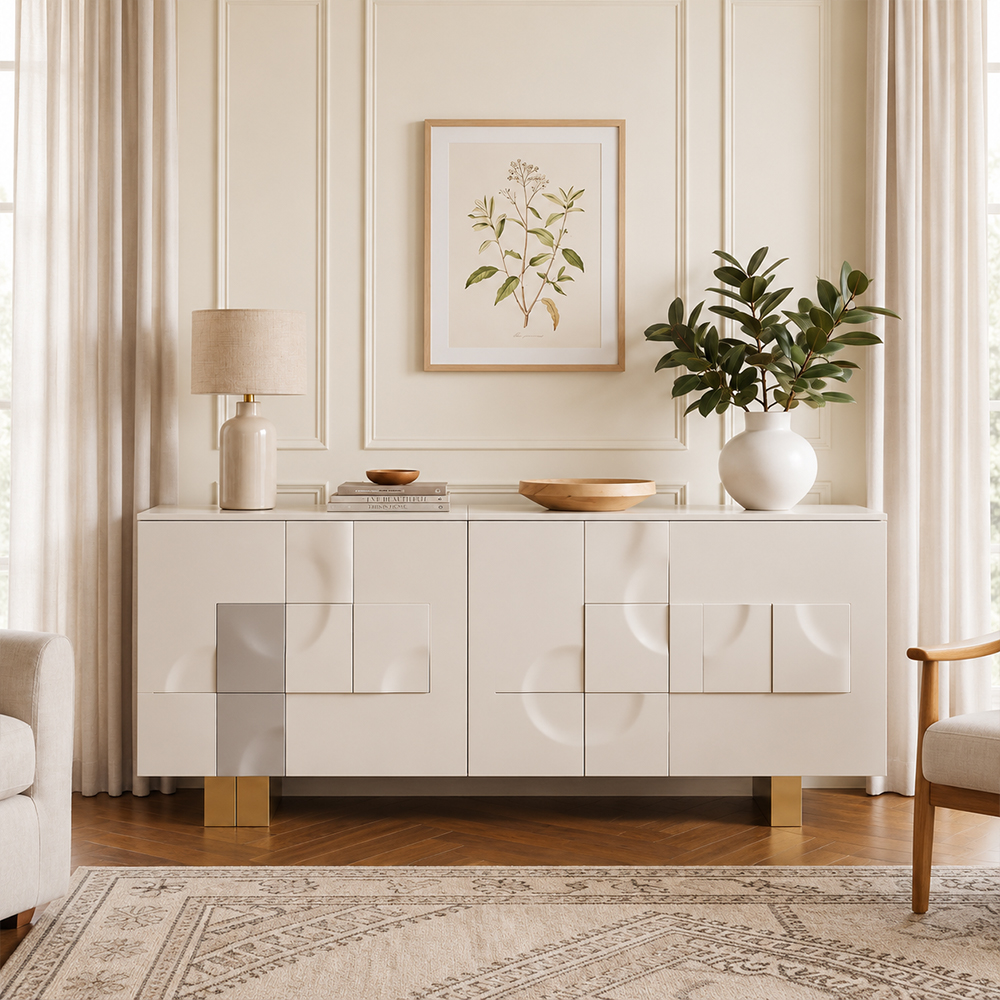  Marble Top Geometric Embossed Sideboard Cabinet