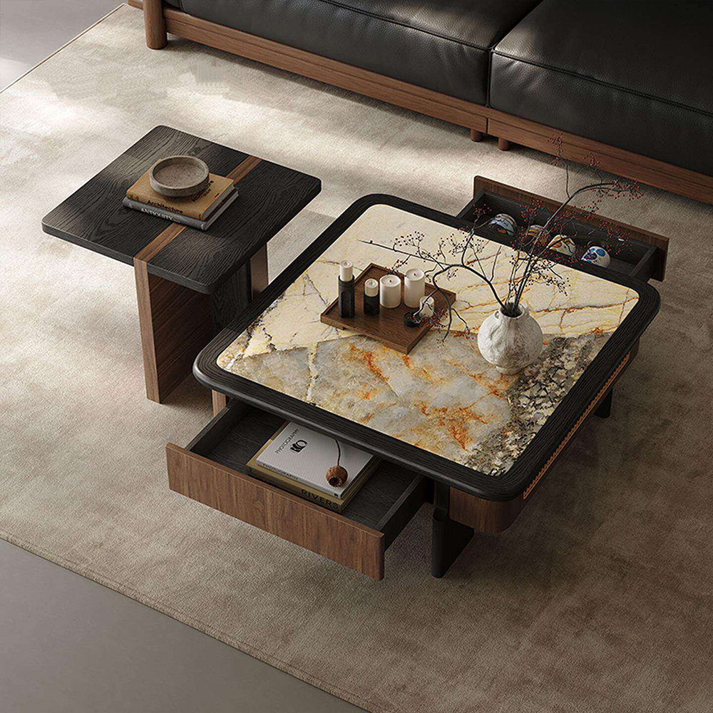 Wabi Sabi Sintered Stone Walnut Veneer Nesting Coffee Table Set