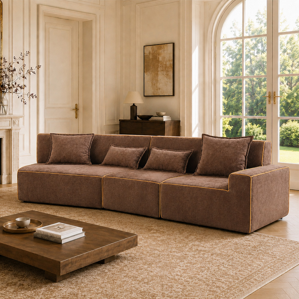Dark Brown Embossed Velvet Golden Piping Modular Compressed Sofa