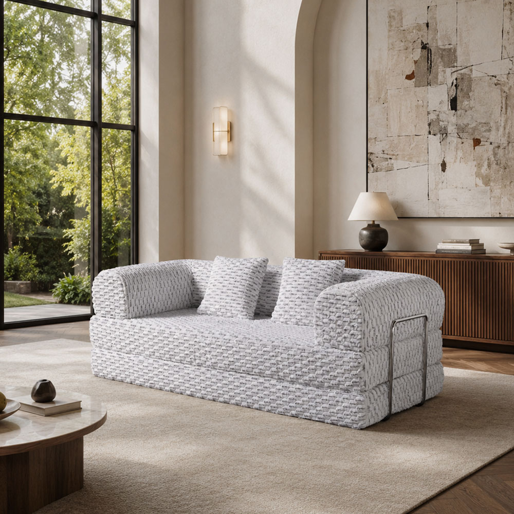Striped Bouclé Fabric Modular Vacuum Compressed Convertible Sofa Daybed