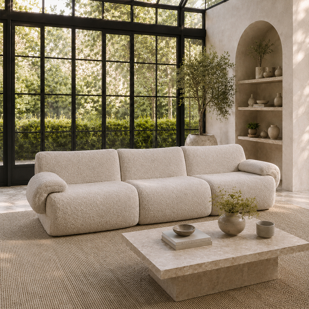Soft and Fluffy Ivory Bouclé Compressed Sofa