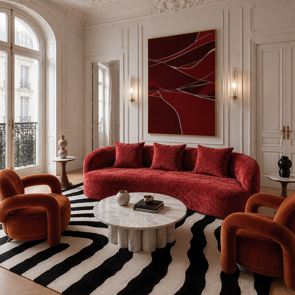78.7" Bold Red Crushed Velvet Curved Wave Vacuum Compressed Modular Sofa