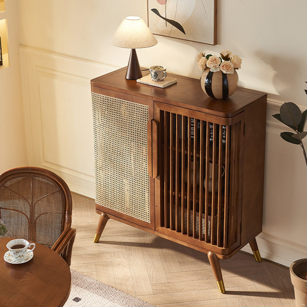 Wood Rattan Slatted Door Adjustable Storage Accent Cabinet