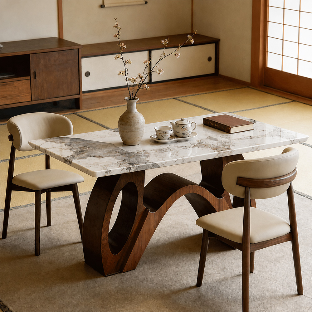 Modern Sintered Stone Dining Table Luxury Kitchen Table with Sculptural Walnut Wood Base for 4-6