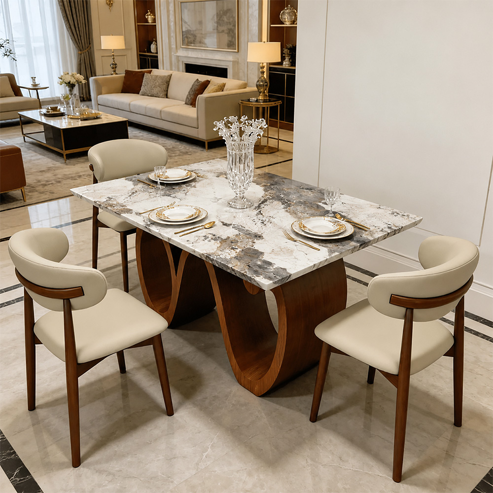 Modern Sintered Stone Dining Table with Sculptural Solid Wood Base Kitchen Table for 6