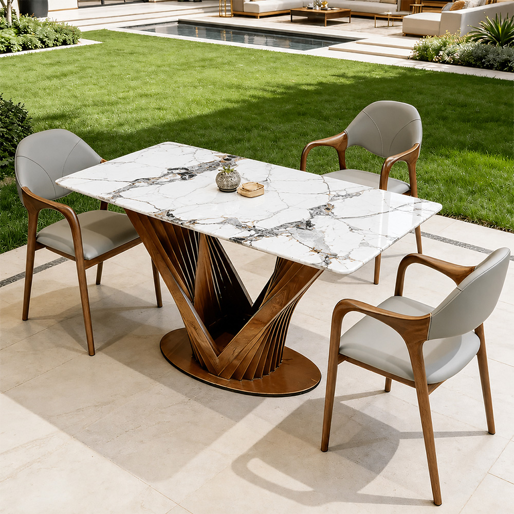 Luxury Sintered Stone Dining Table Kitchen Table With Artistic V-Shaped Solid Wood Base