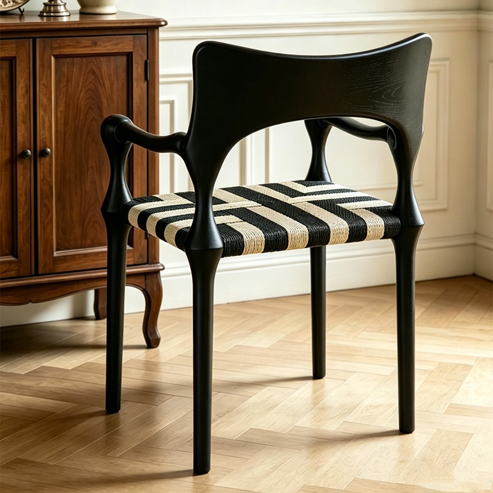 Vintage Matte Black Solid Wood Woven Strip Cord Arm Dining Chair 1 Piece