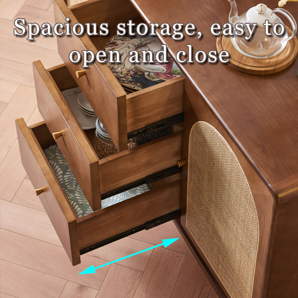 51.2" Multi Storage Solid Wood Sideboard With Woven Rattan Arched Doors Home Dining Furniture