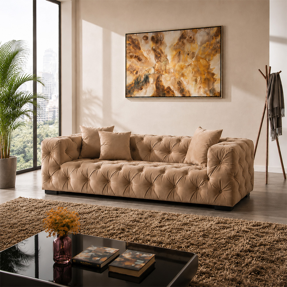 All Tufted Boxy Velvet Sofa Suite Three Seat Couch Two Single Chairs For Living Space