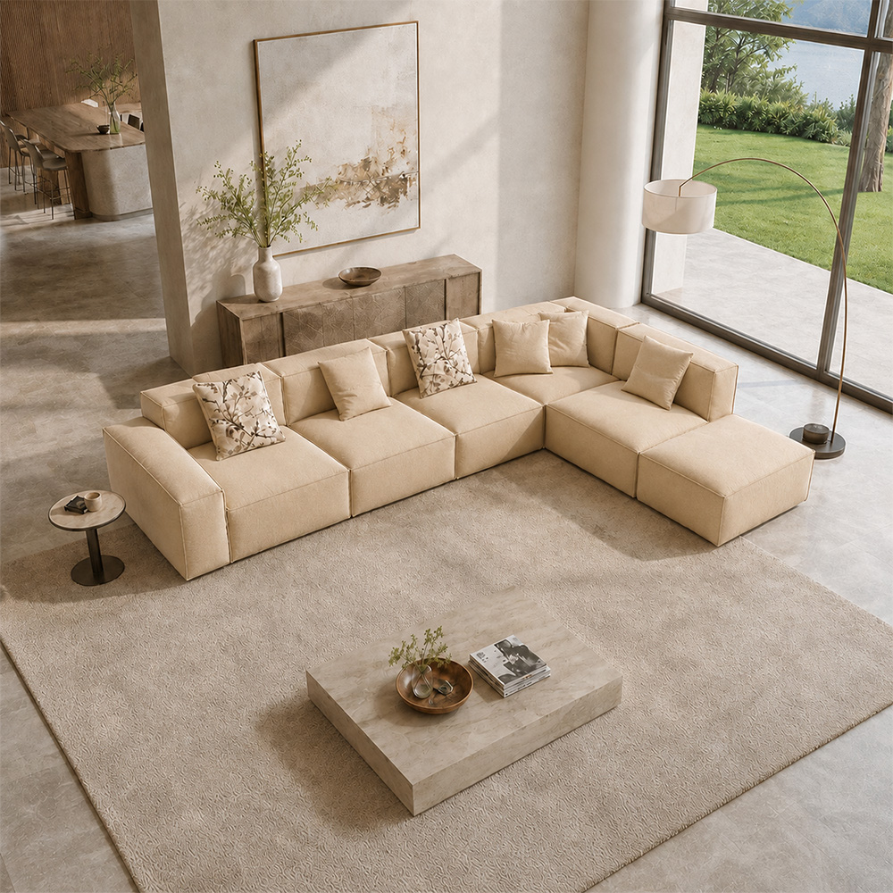 148.8“ Wabi Beige Linen Modular Sofa 3 Armless Seats Corner Footstool Set