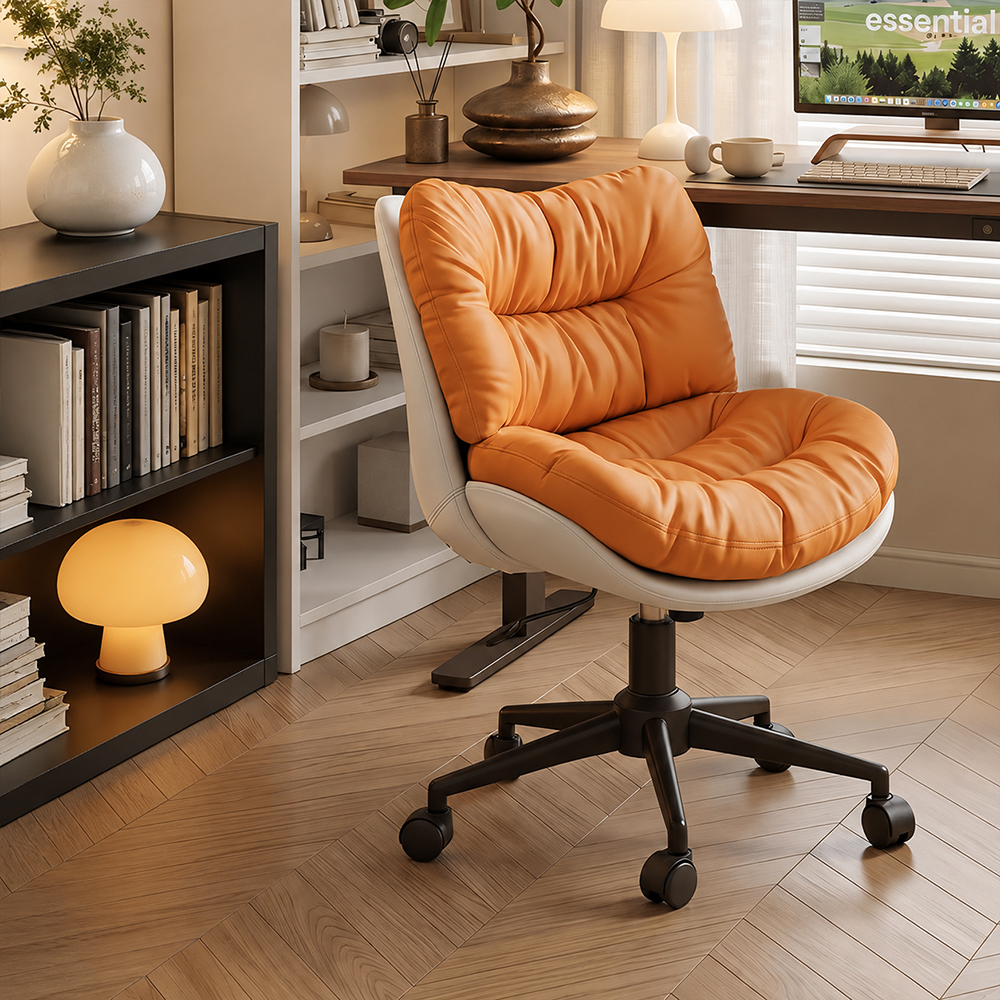 Modern Cream & Brown Tufted Swivel Office Chair with Rolling Base