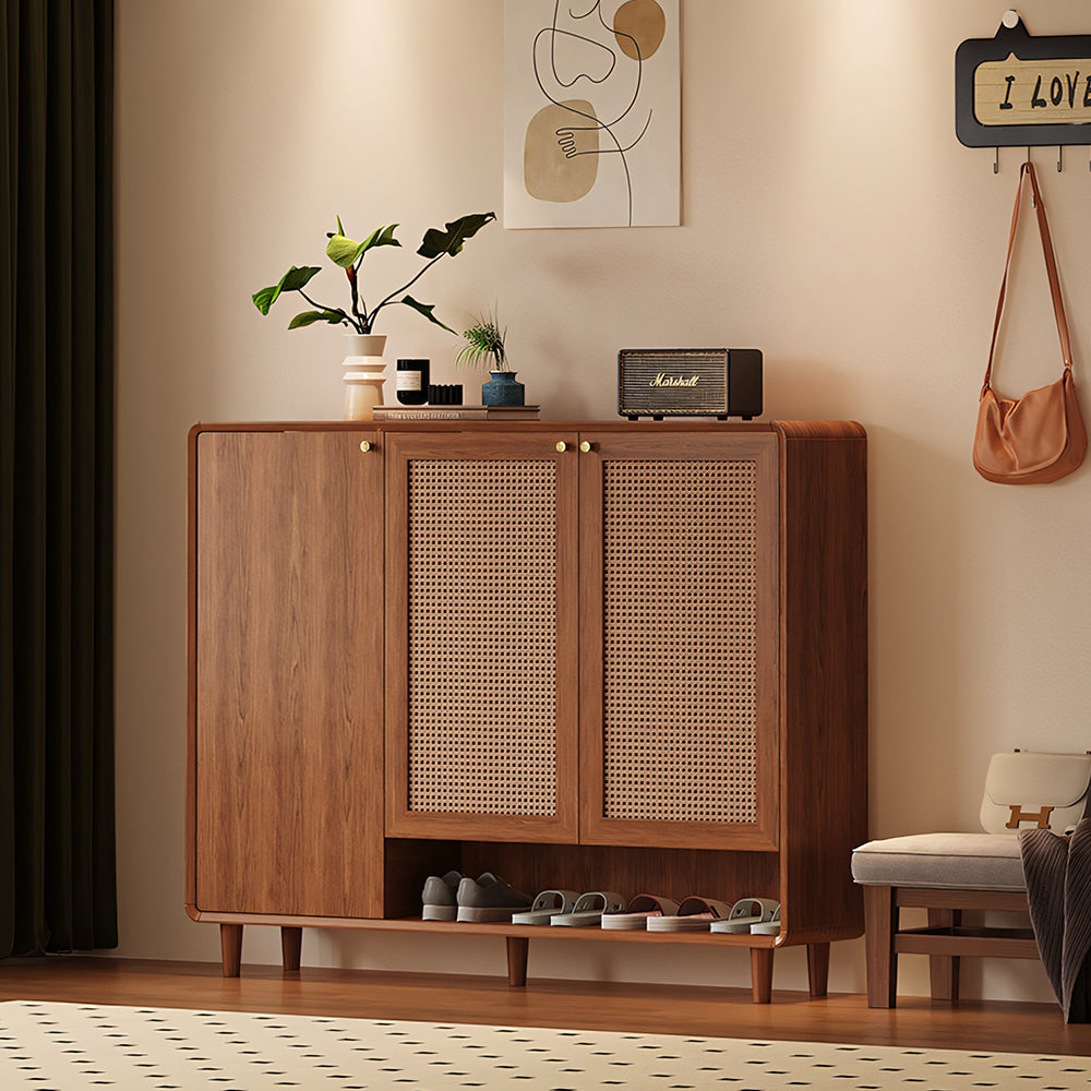 Mid-Century Rattan Shoe Cabinet with 2 Doors Walnut Wood Entryway Storage Organizer with Open Shelf