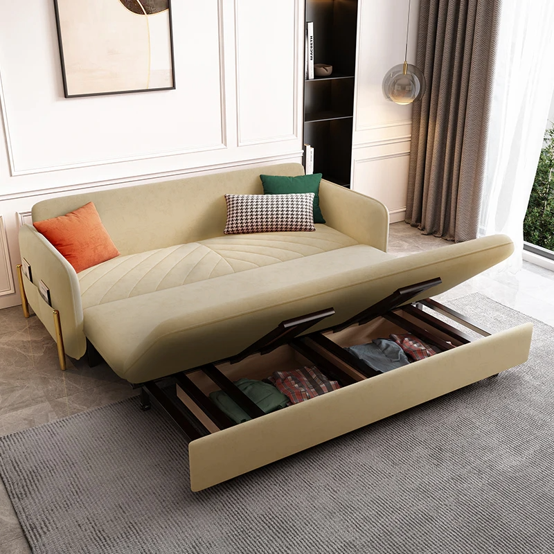 Under-seat storage drawer of sofa bed fully opened showing capacity