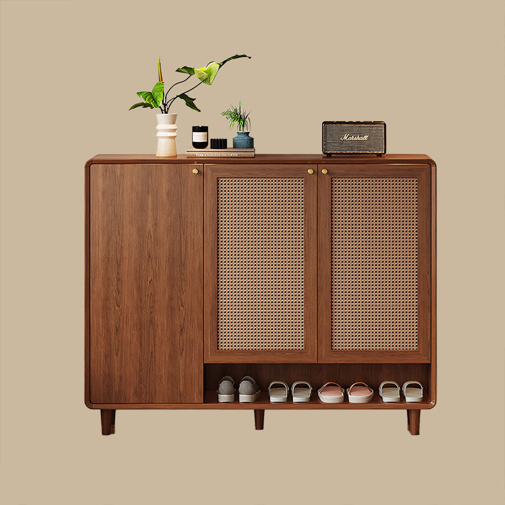 Mid-Century Rattan Shoe Cabinet with 2 Doors Walnut Wood Entryway Storage Organizer with Open Shelf