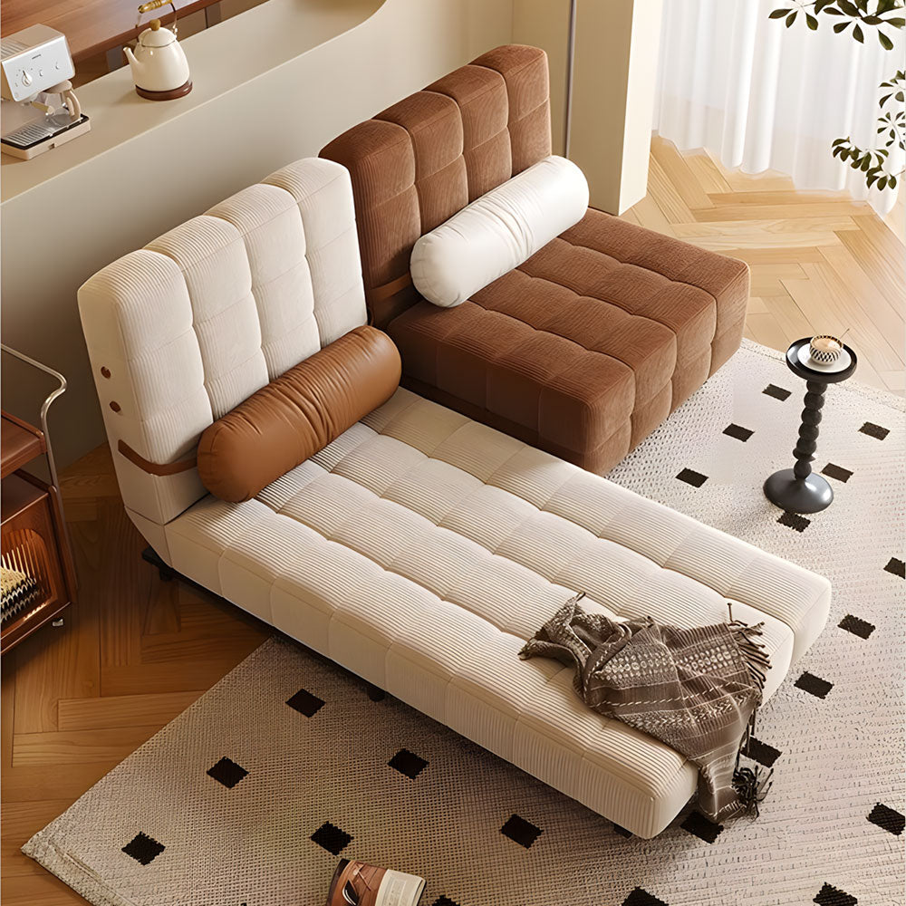 Side view of convertible sofa bed showing plush corduroy texture and minimalist style