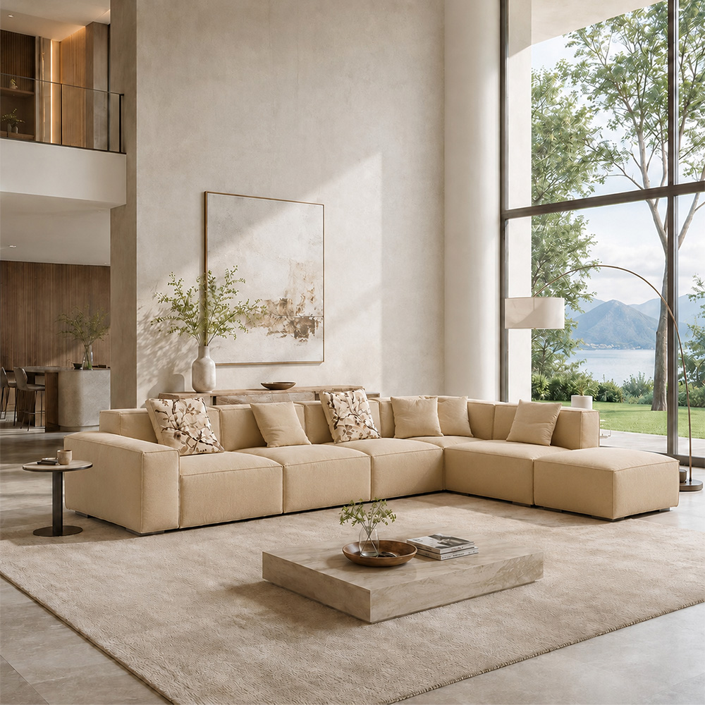 148.8“ Wabi Beige Linen Modular Sofa 3 Armless Seats Corner Footstool Set