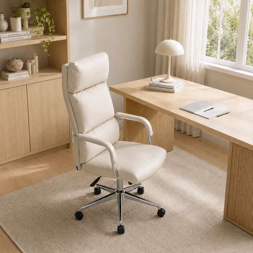 Modern Cream PU Leather Swivel Office Chair with Chrome Base