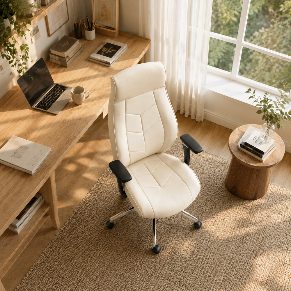 Cream PU Leather Executive Office Chair With 6D Armrests