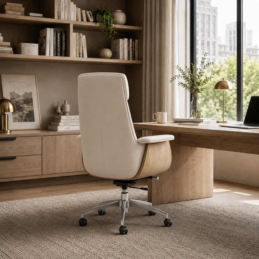 Cream PU Leather Executive Office Chair with Aluminum Base