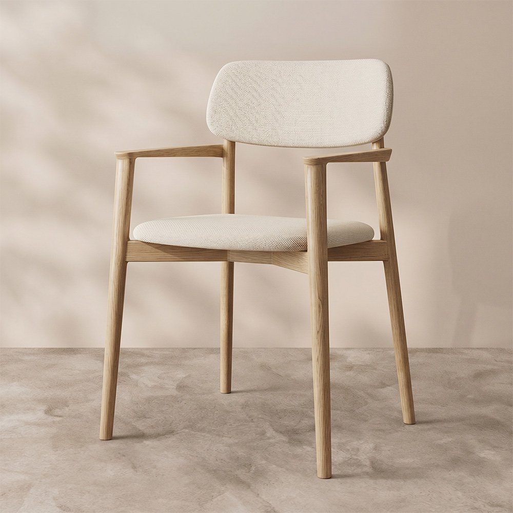Natural Oak Frame Linen Faux Leather Armrest Nordic Dining Chair 1 Piece