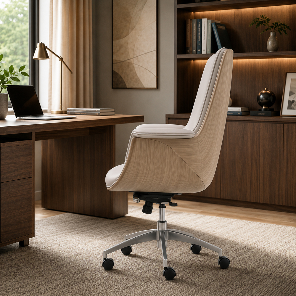 Cream PU Leather Office Chair with Dual-Function Tilt Mechanism