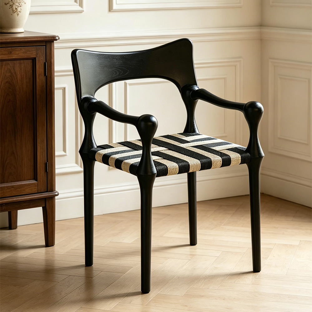 Vintage Matte Black Solid Wood Woven Strip Cord Arm Dining Chair 1 Piece