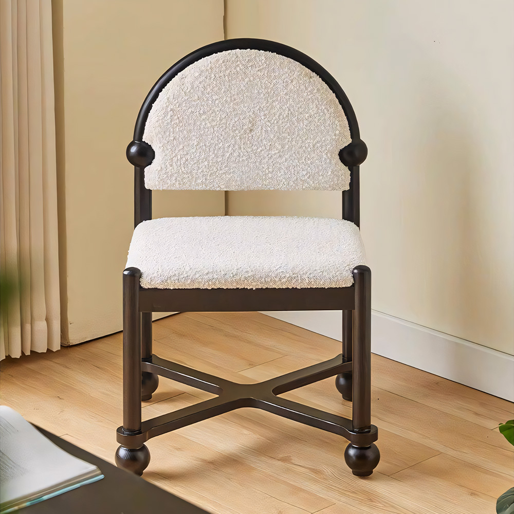 Vintage Ball Foot Cross Support Teddy Boucle Solid Wood Dining Chair 1 Piece
