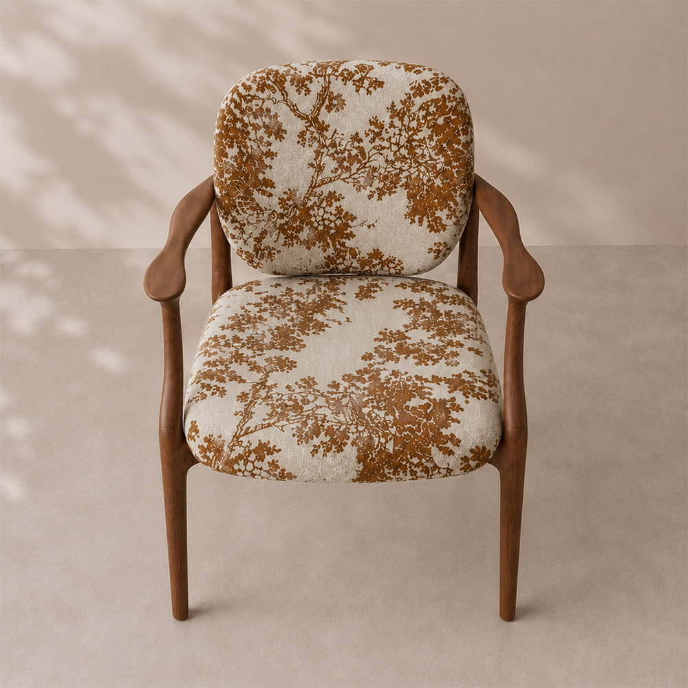 Tree Print Fabric Curved Solid Walnut Arm Mid Century Dining Chair 1 Piece