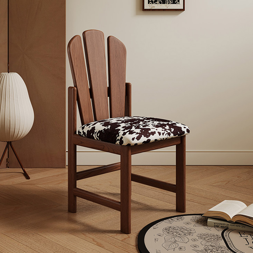Three Slat Curved Back Solid Wood Printed Fabric Dining Chair 1 Piece