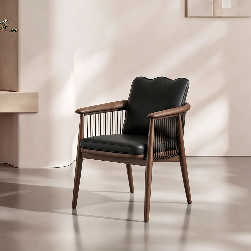 Modern Black Wooden Dining Chair with Armrests Minimalist Striped Upholstered Dining Armchair 1 Piece