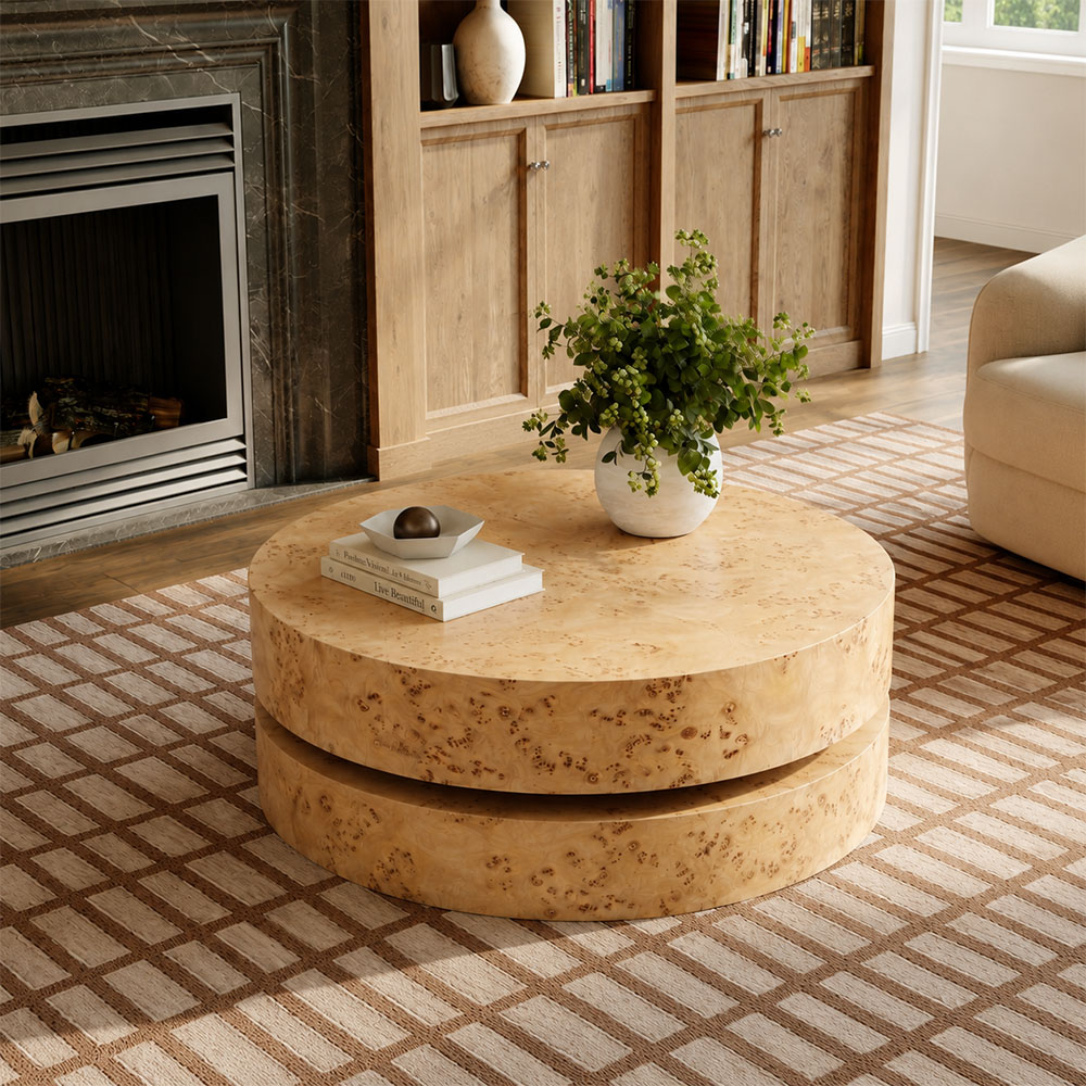 Two Tier Round Natural Burl Wood Veneer Multi Layer Coffee Table
