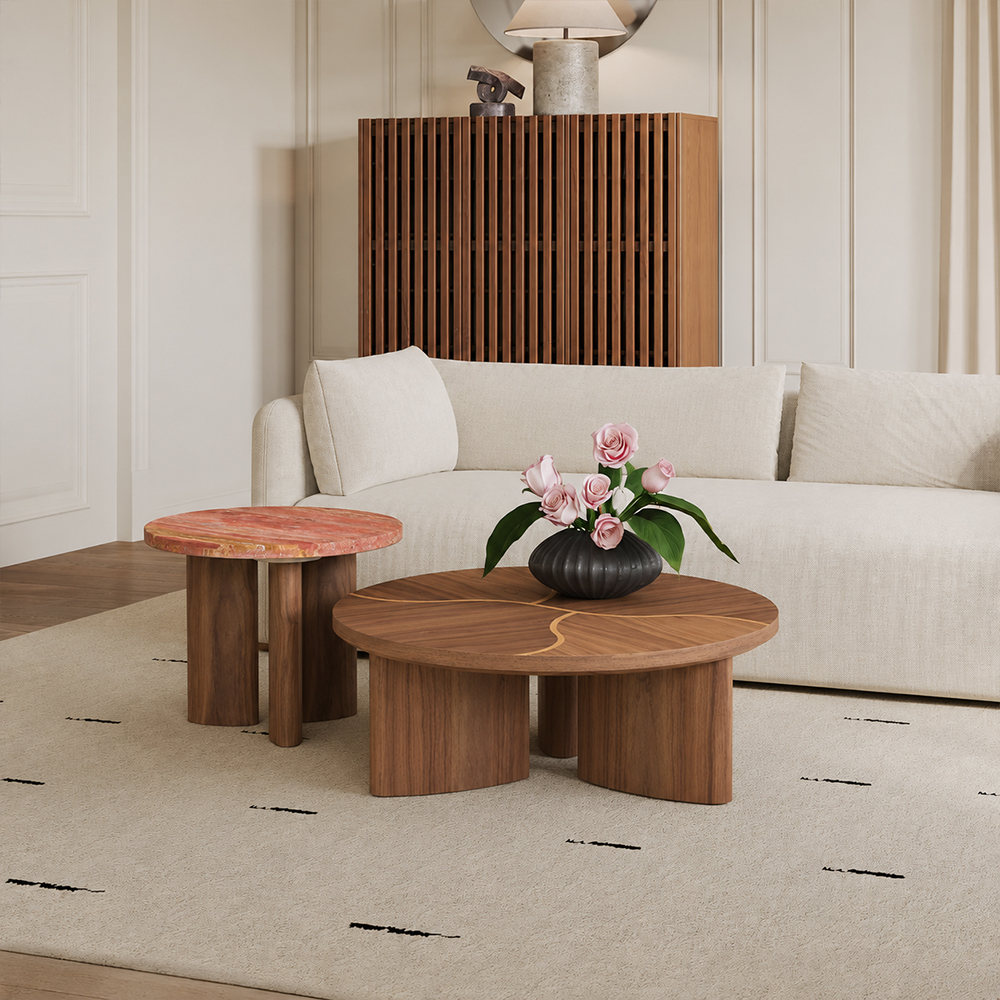 Nesting Round Coffee Table Set Walnut Veneer Red with Travertine Side Table