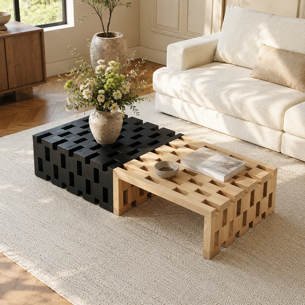 Two Tone Matte Paint Solid Ash Wood Grid Hollow Rectangular Coffee Table