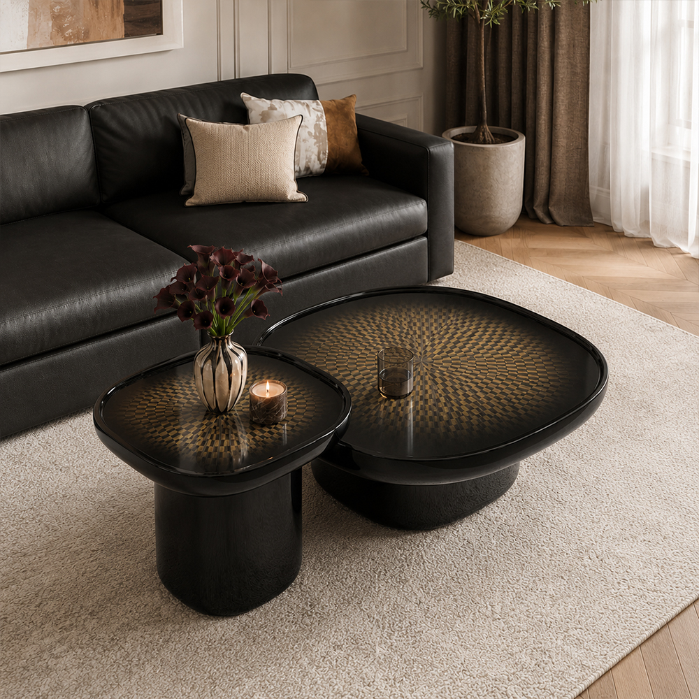 Contemporary Light Luxury Black Gloss Resin Nesting Oval Center Tables Set