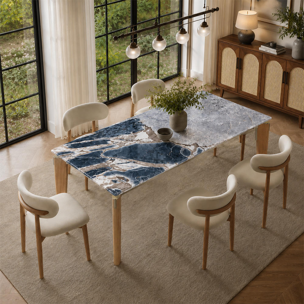 70.9" Coastal Rectangular Ocean Storm Marble Dining Table Solid Ash Wood Tapered Legs