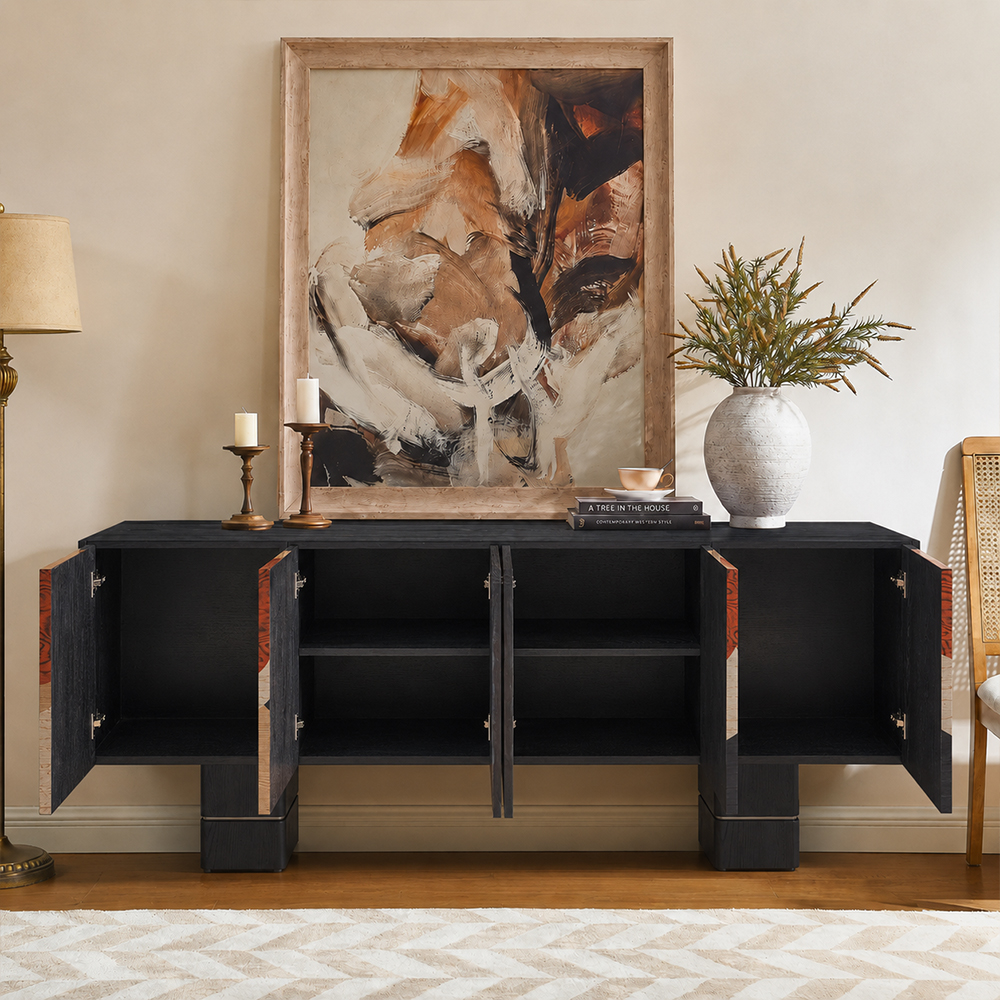 Large Capacity Four Door Abstract Inlay Elm Wood Storage Cabinet