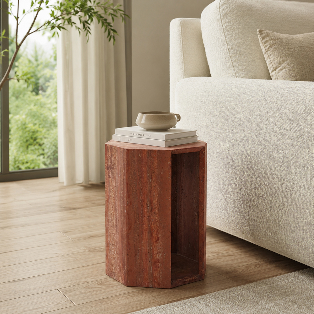 Raw Mineral Grain Natural Travertine Hollow End Side Table
