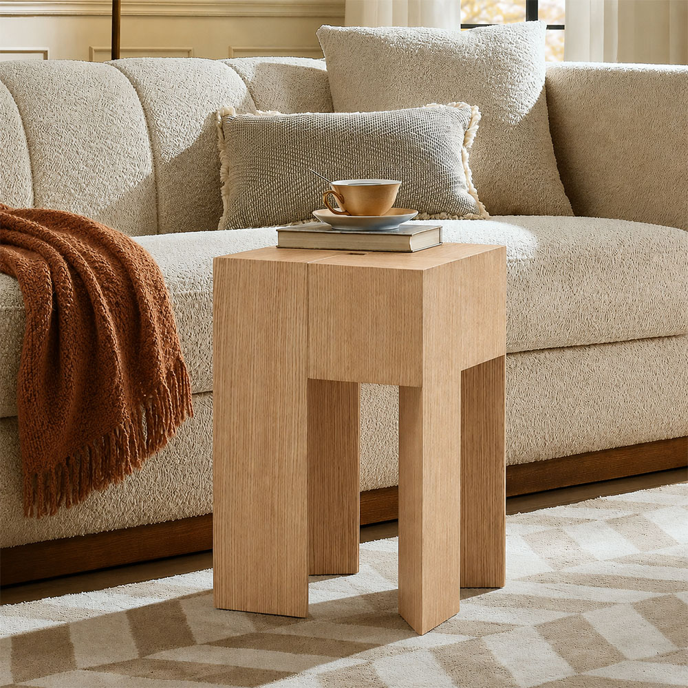 Geometric Split Block White Oak Veneer Multi Layer Wood Side Table