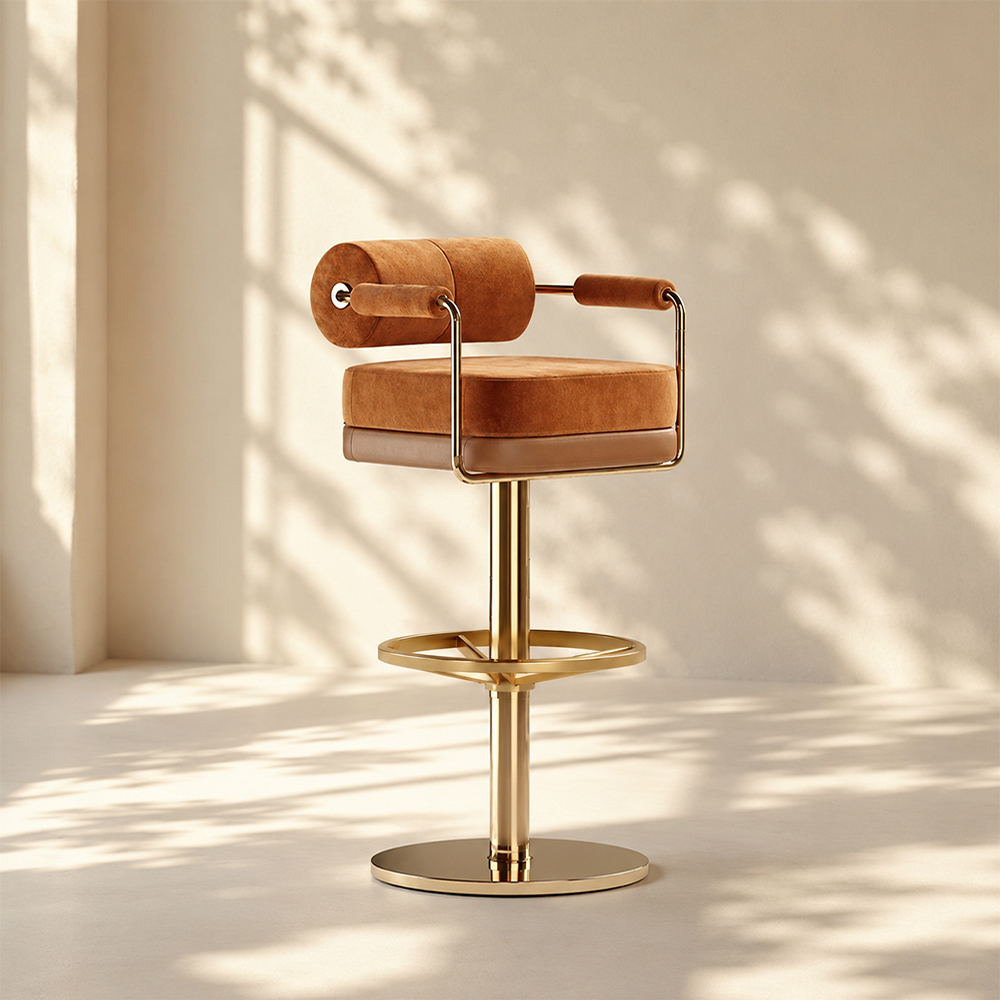 Modern Luxury Swivel Bar Stool with Cylindrical Backrest Gold Metal Frame Counter Chair 1 Piece