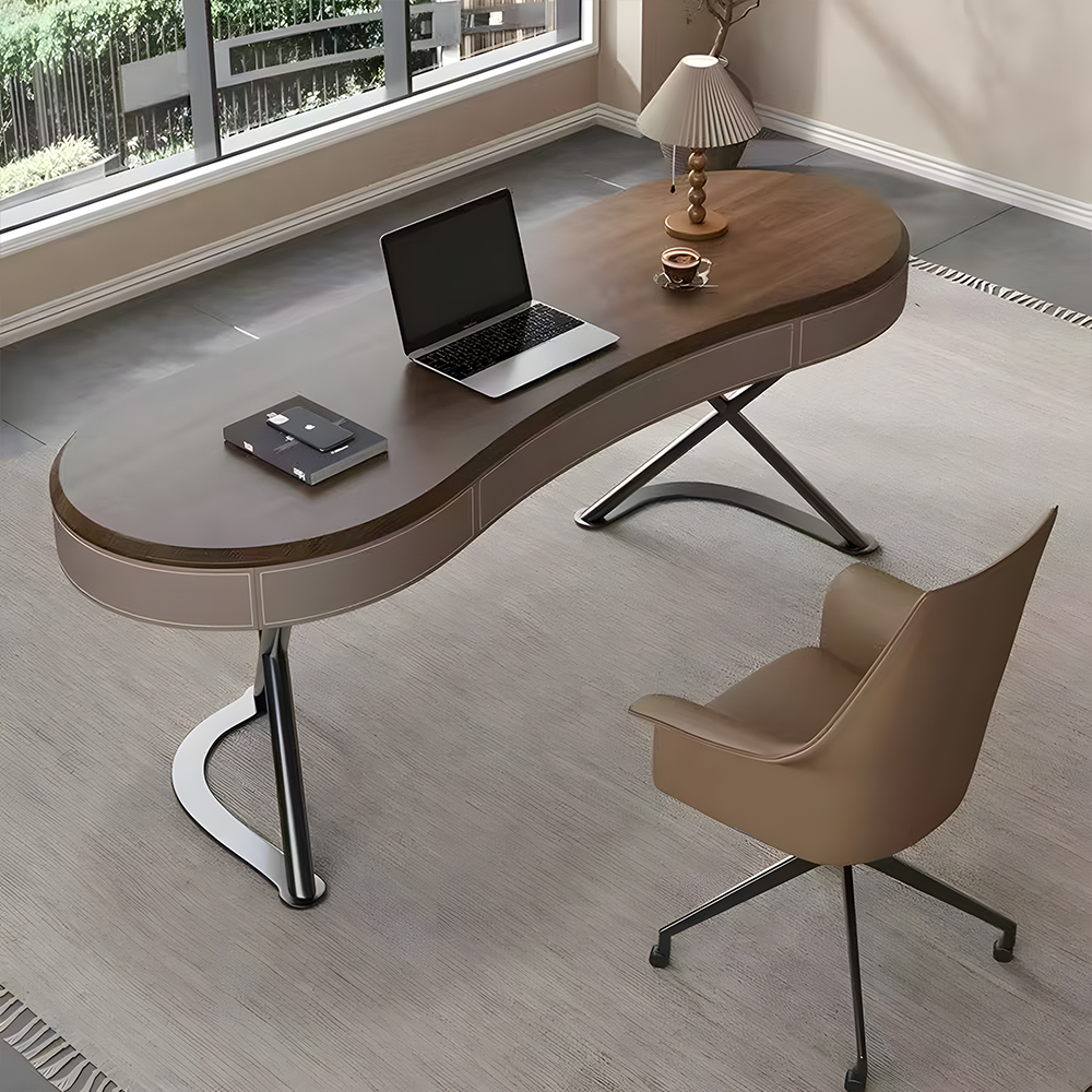 Curved Leather Trim Edge Solid Wood Stainless Steel Office Desk