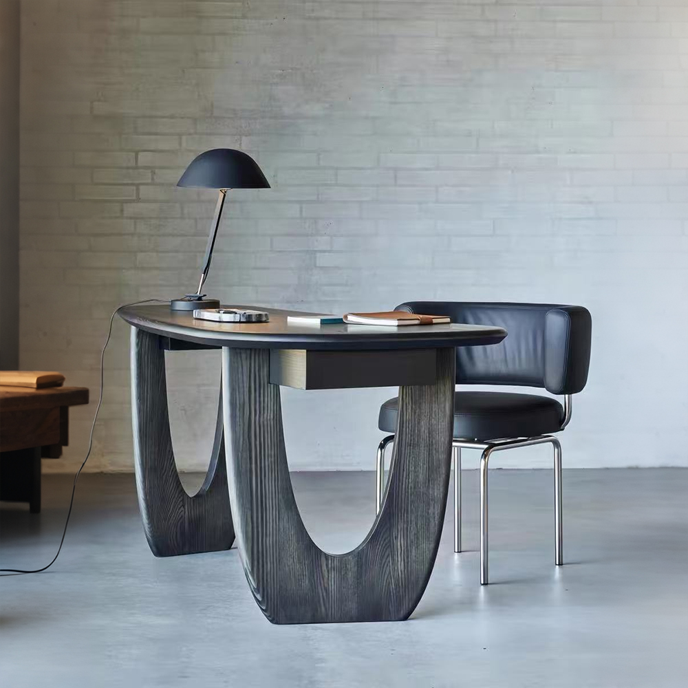 Sculptural U Hollow Leg Natural Grain Solid Wood Curved Writing Desk
