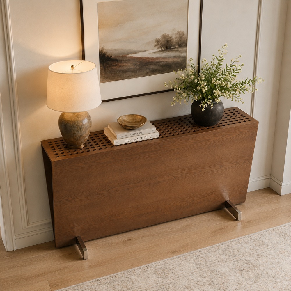 Ash Wood Veneer Trapezoid Shape Console Table