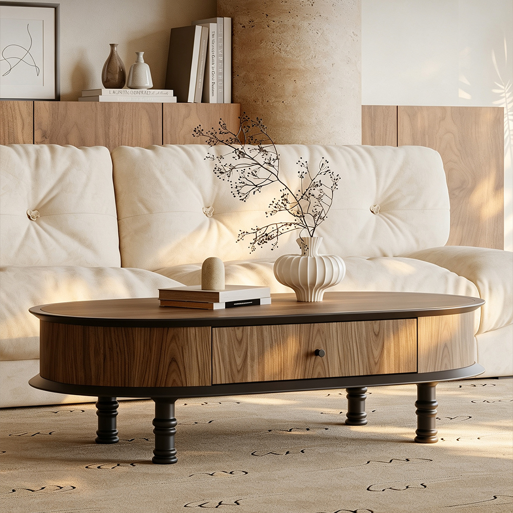 Oval Walnut Veneer Single Drawer Turned Black Leg Coffee Table