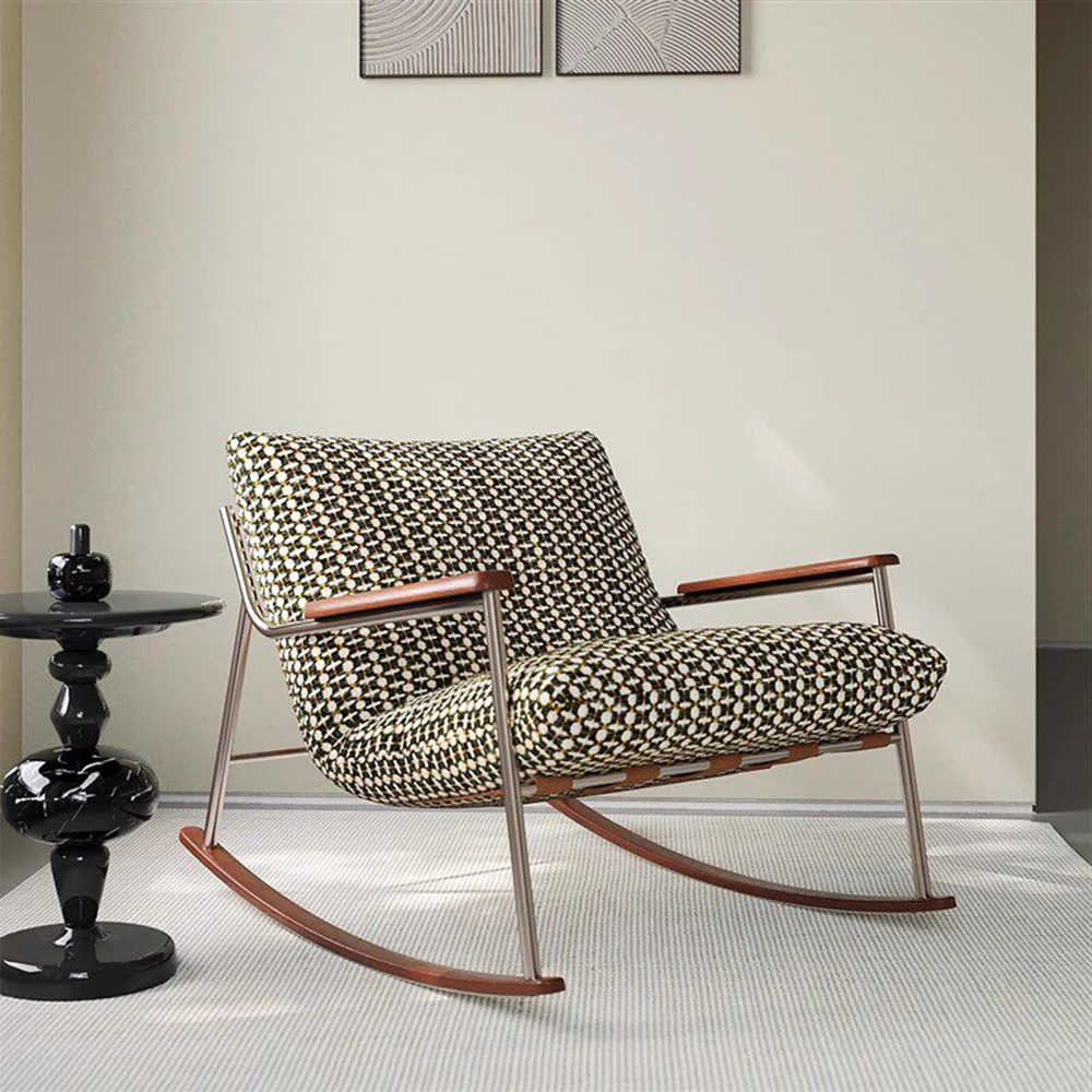 Geometric Woven Fabric Stainless Steel Wood Arm Rocking Accent Chair
