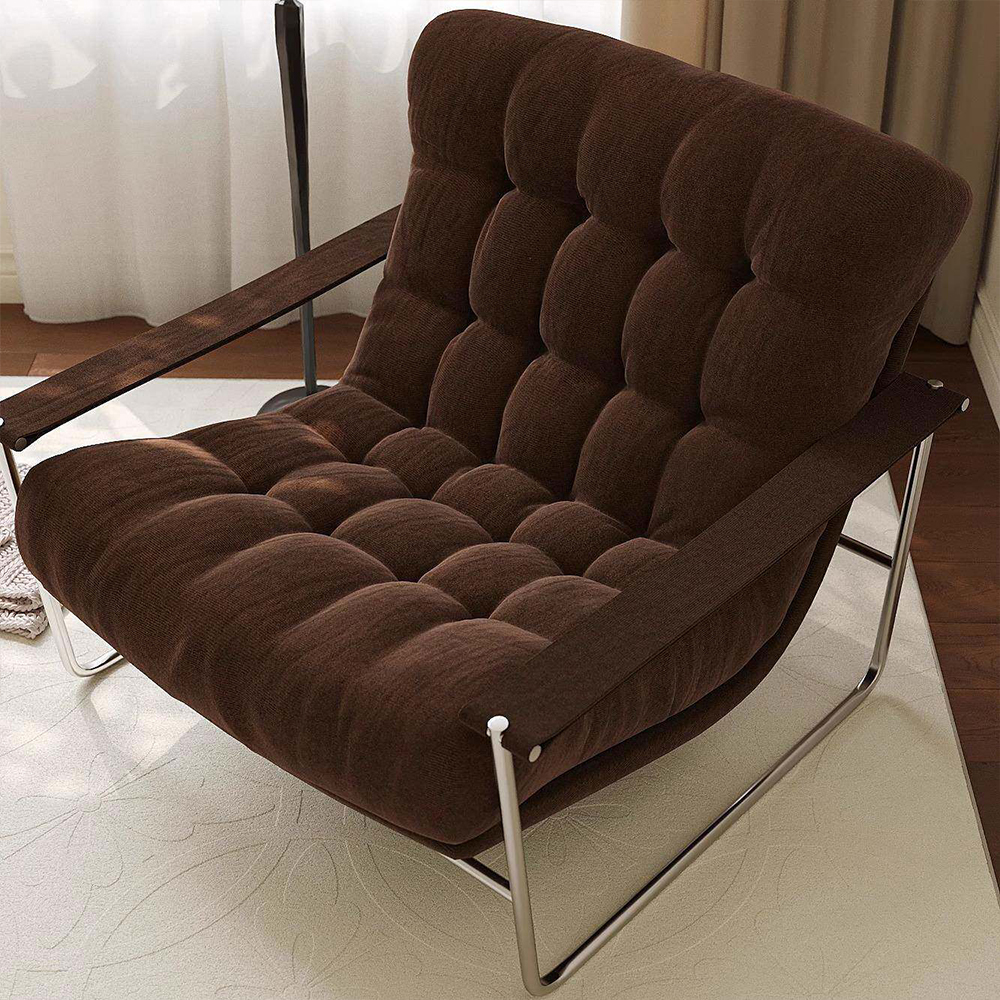 Thick Brown Corduroy Grid Tufted Chrome Cantilever Lounge Chair