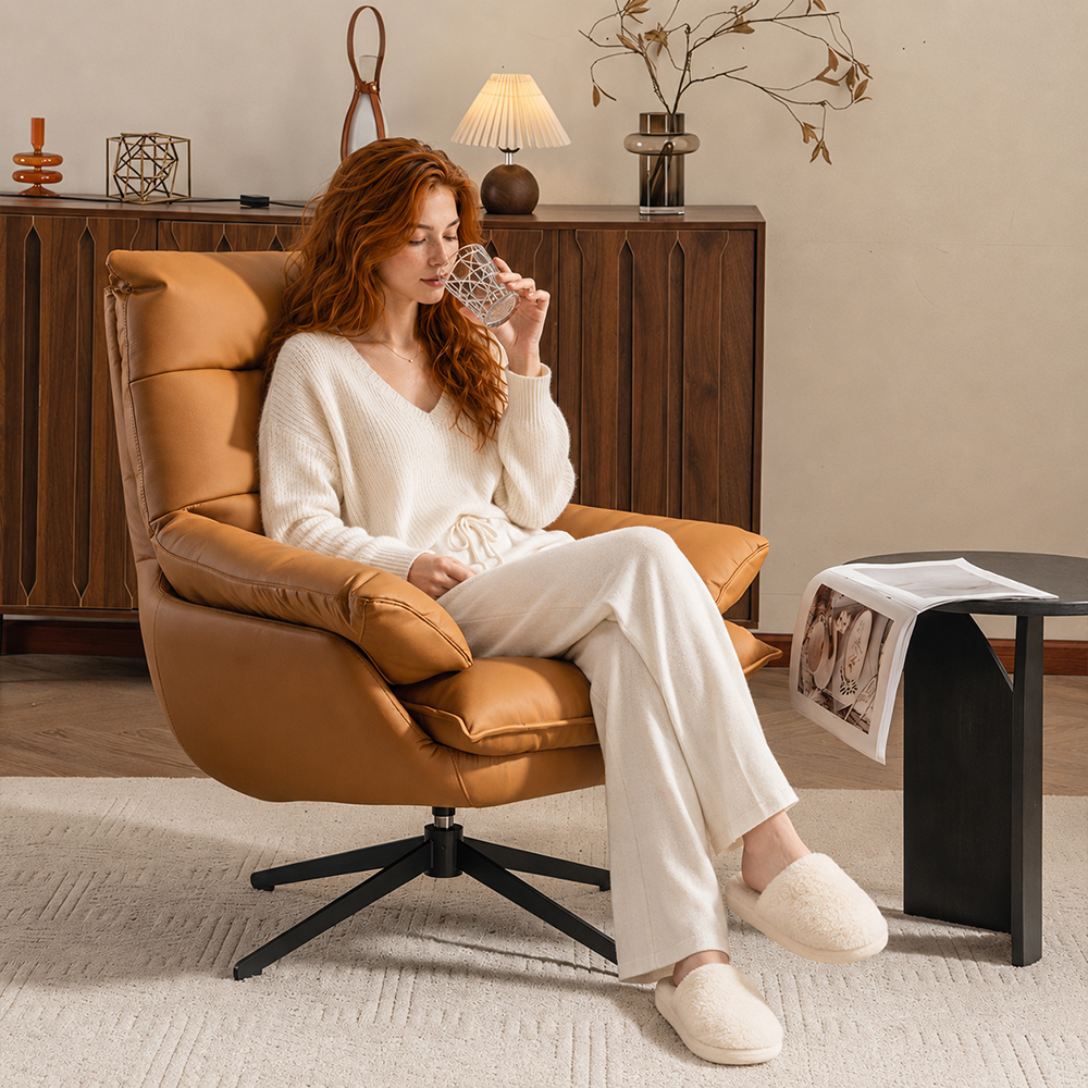 Modern Cognac Swivel Lounge Chair with High Back and Plush Cushions
