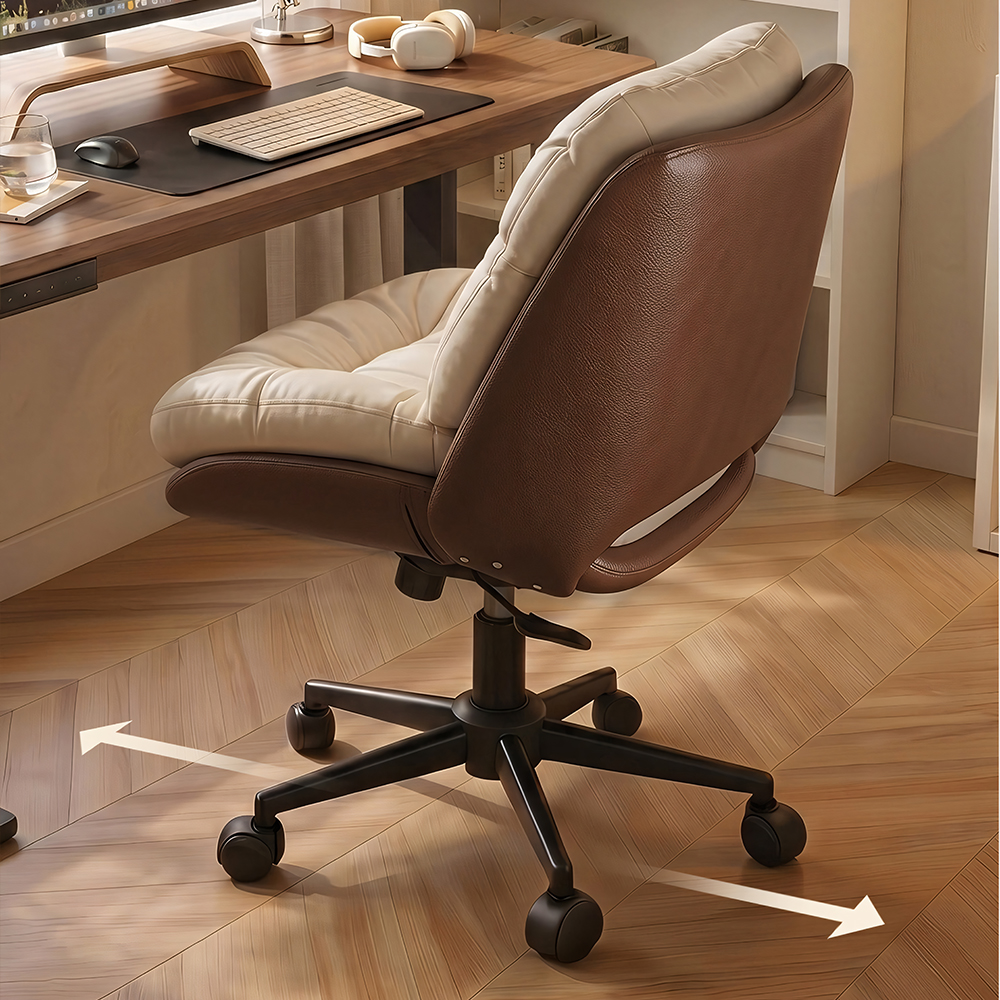 Modern Cream & Brown Tufted Swivel Office Chair with Rolling Base