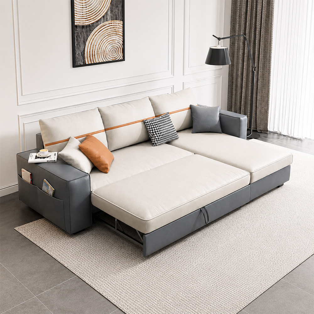 L Shaped Linen Cushion Microfiber Leather Pull Out Storage Sectional Sofa Bed