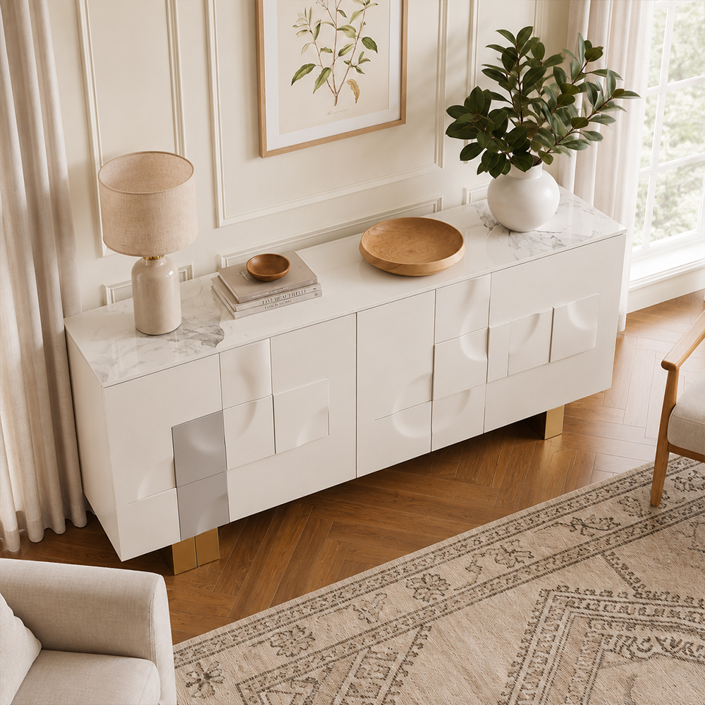  Marble Top Geometric Embossed Sideboard Cabinet