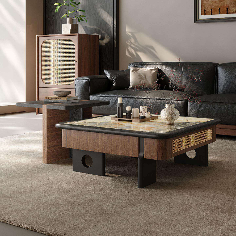 Wabi Sabi Sintered Stone Walnut Veneer Nesting Coffee Table Set